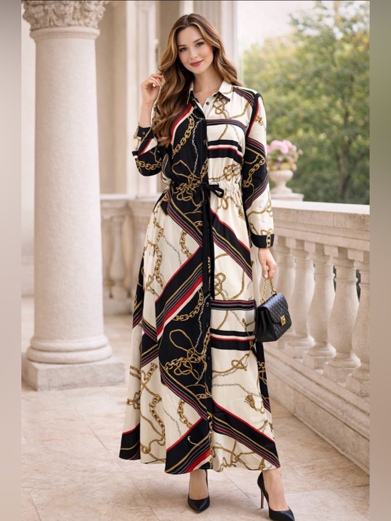 Dresses & Skirts - Luxury Chain Print Maxi Dress – Elegant Shirt Style – Long Sleeve